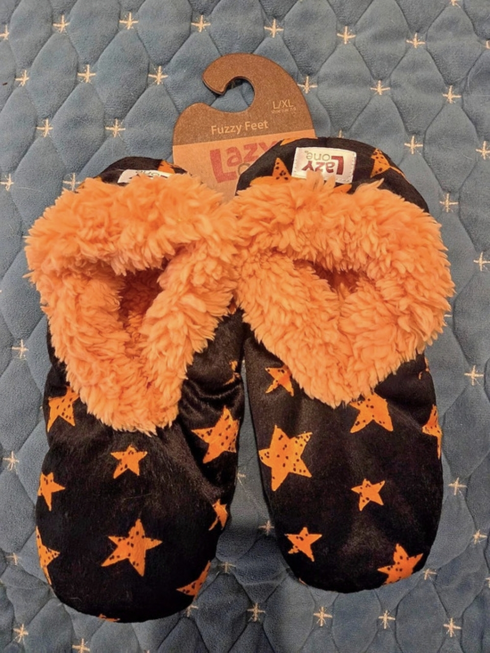 Lazy One Fuzzy Feet Star Print Slippers Black & Orange L/XL NWT